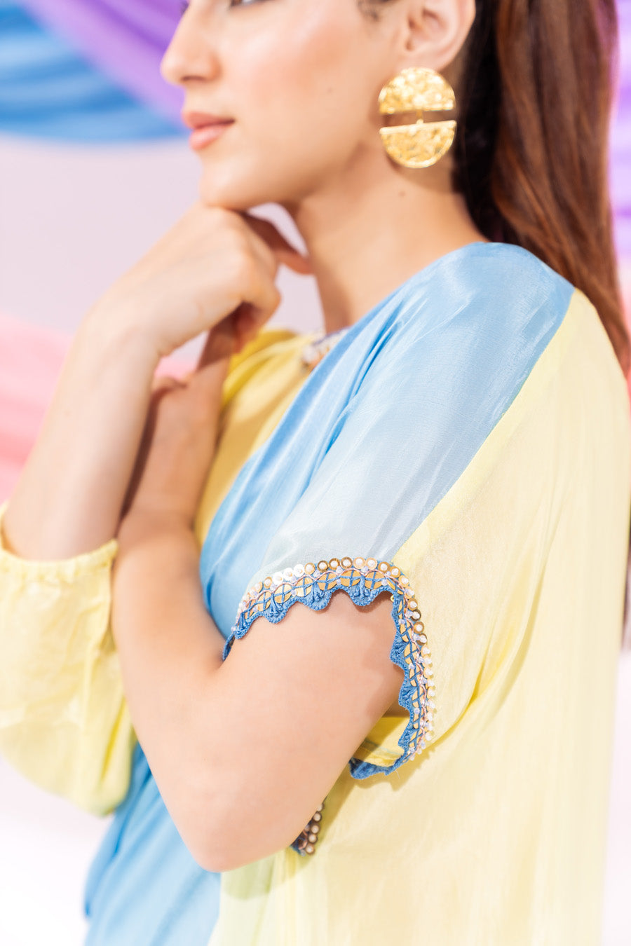 Blue And Lime Green Ombre Drape Kurta Set