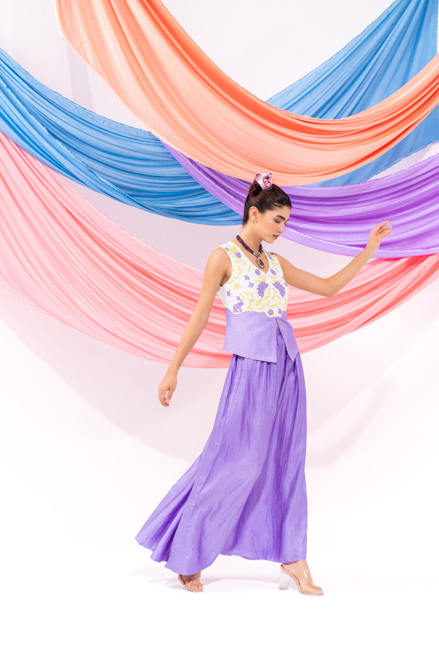 White And Purple Waist Coat And Skirt