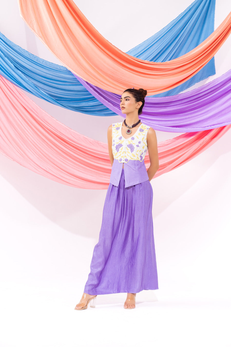 White And Purple Waist Coat And Skirt