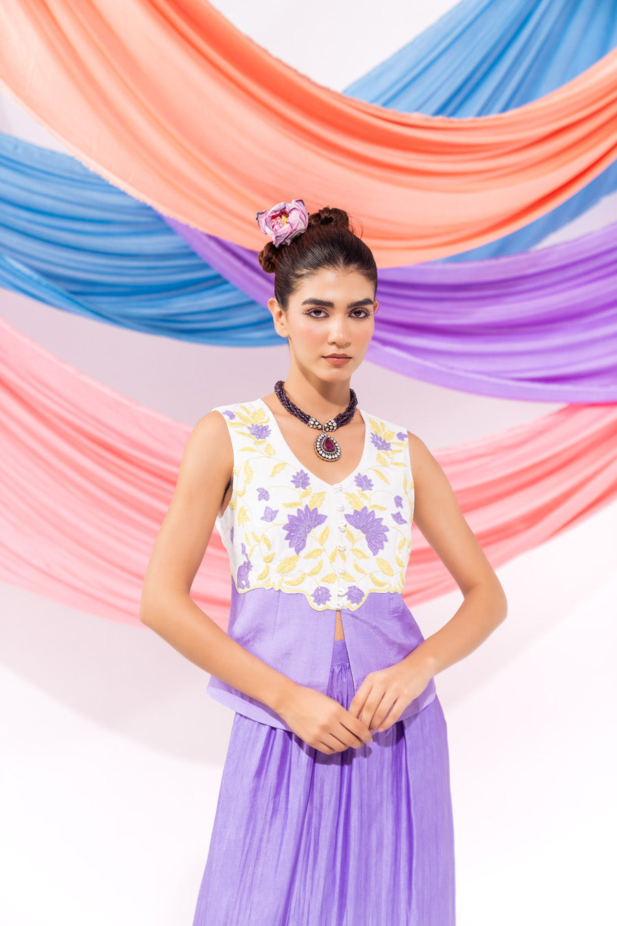 White And Purple Waist Coat And Skirt