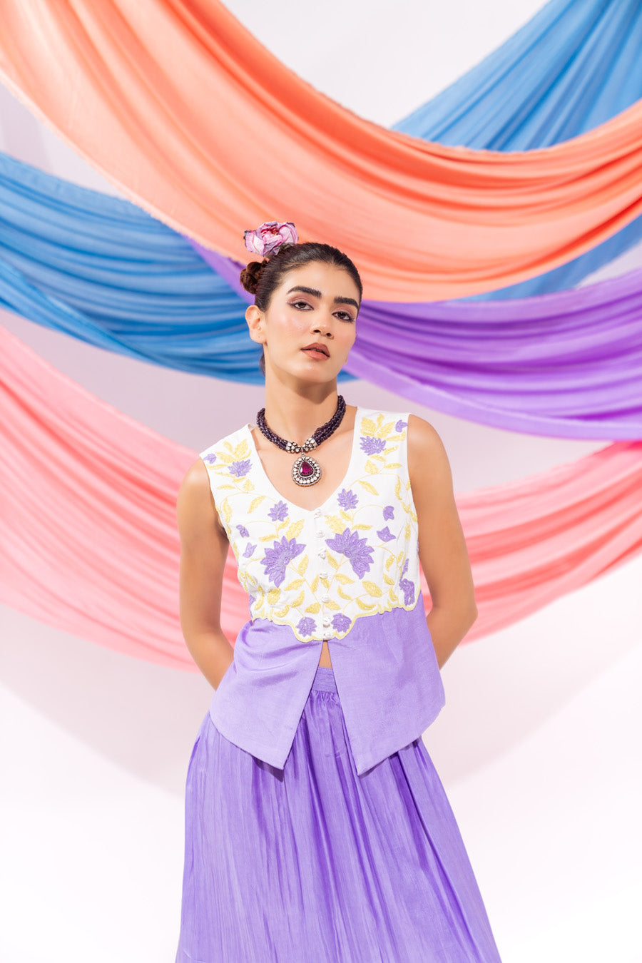 White And Purple Waist Coat And Skirt