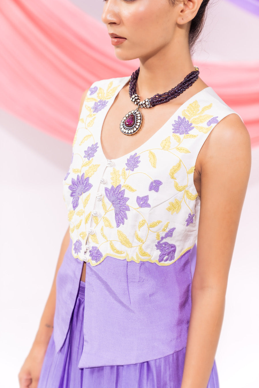 White And Purple Waist Coat And Skirt