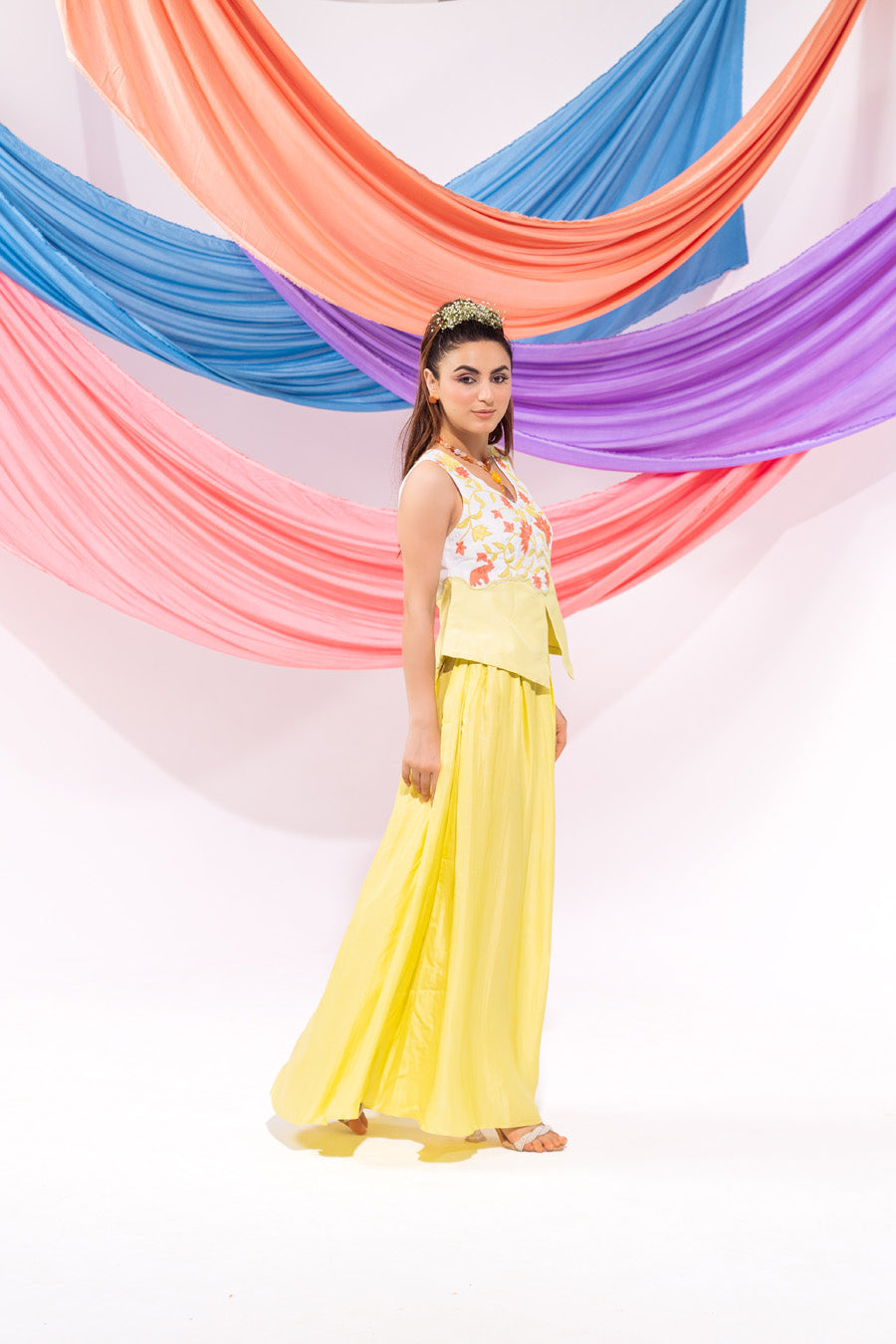 White And Lime Green Waist Coat And Skirt