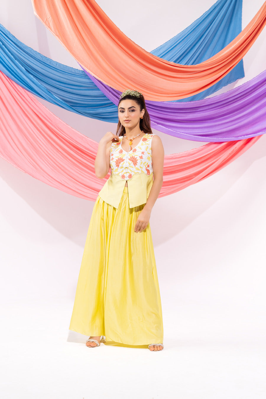 White And Lime Green Waist Coat And Skirt