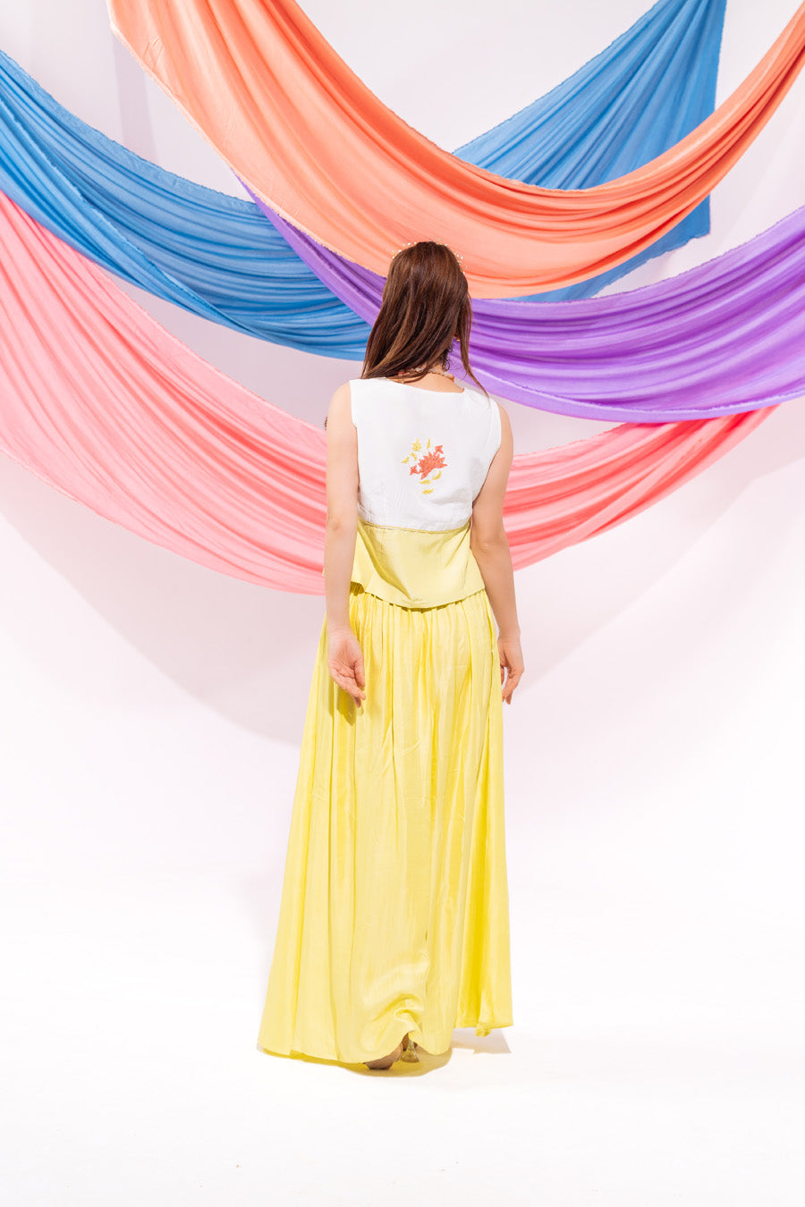 White And Lime Green Waist Coat And Skirt