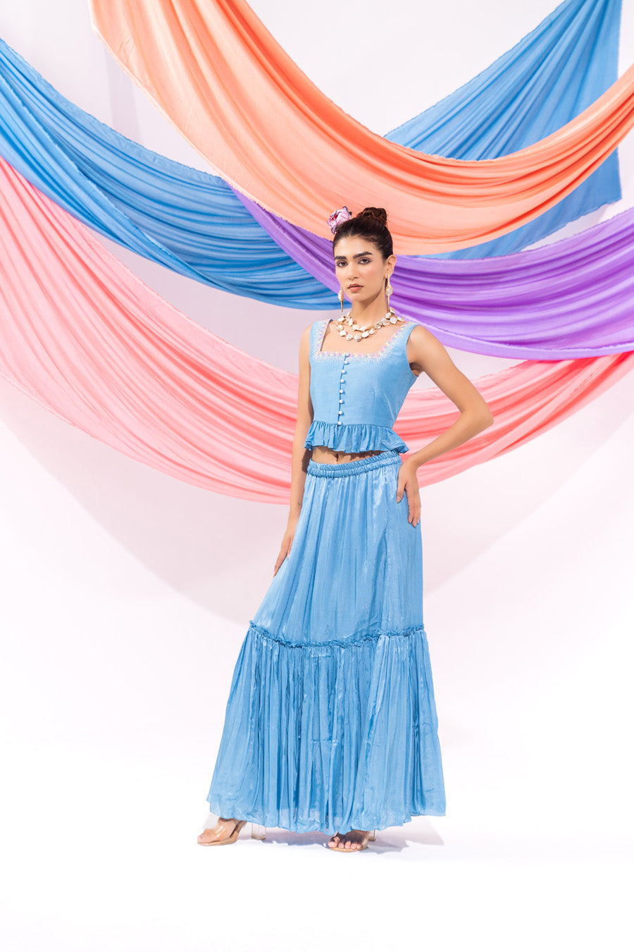 Blue Crop Top And Skirt