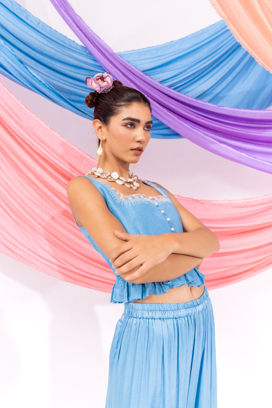 Blue Crop Top And Skirt