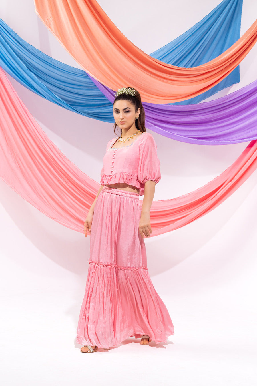 Pink Crop Top With Sleeves And Skirt