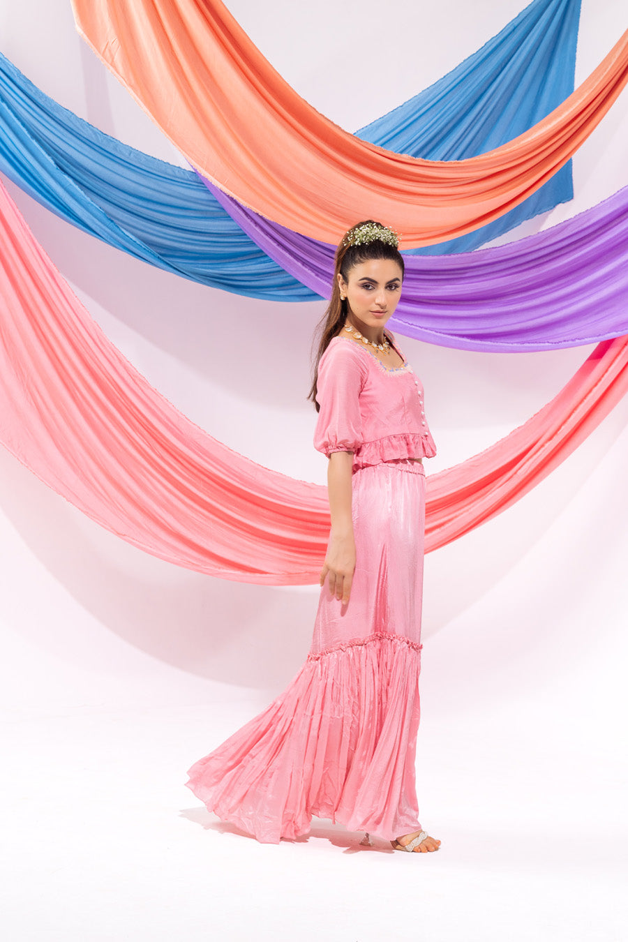 Pink Crop Top With Sleeves And Skirt