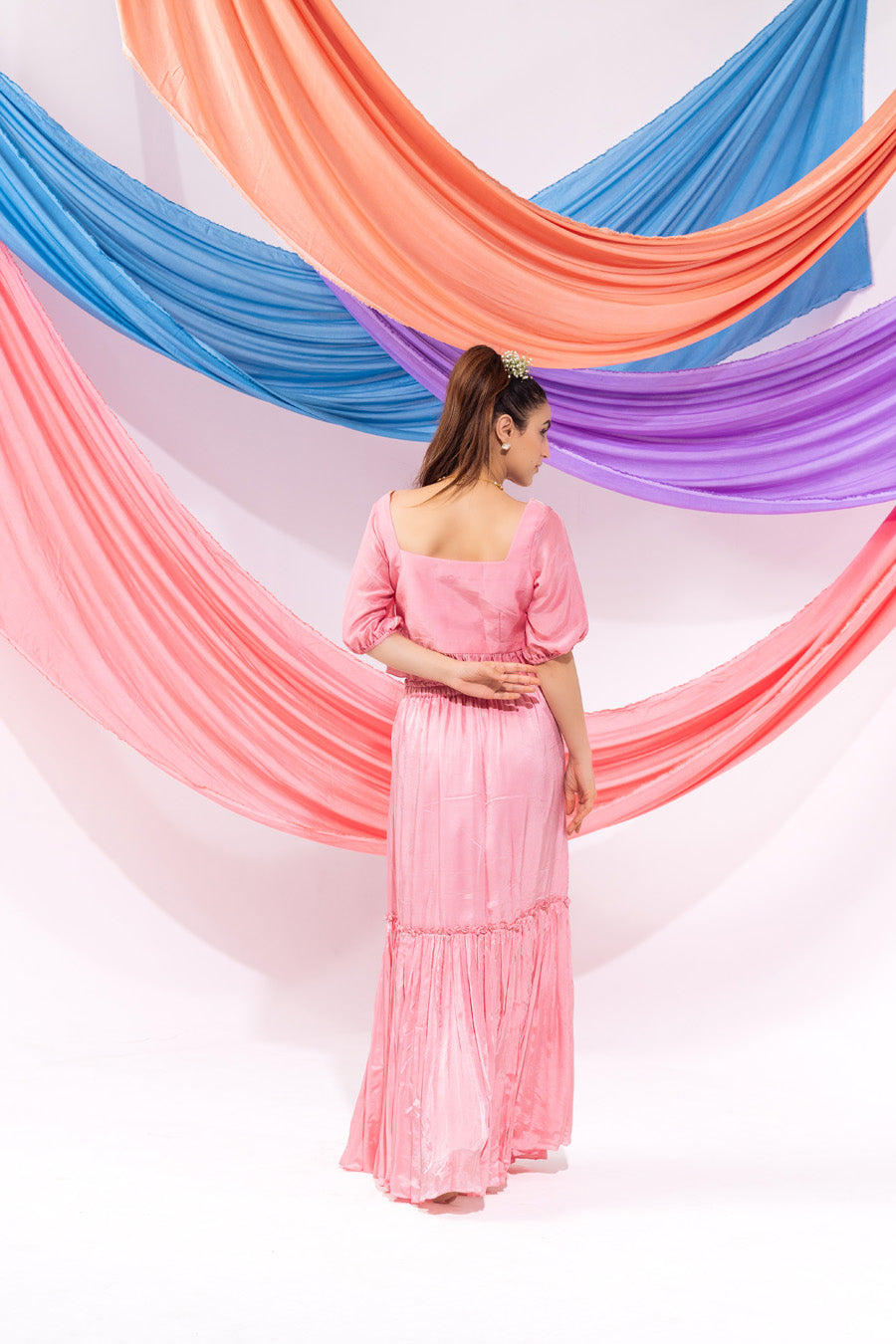 Pink Crop Top With Sleeves And Skirt