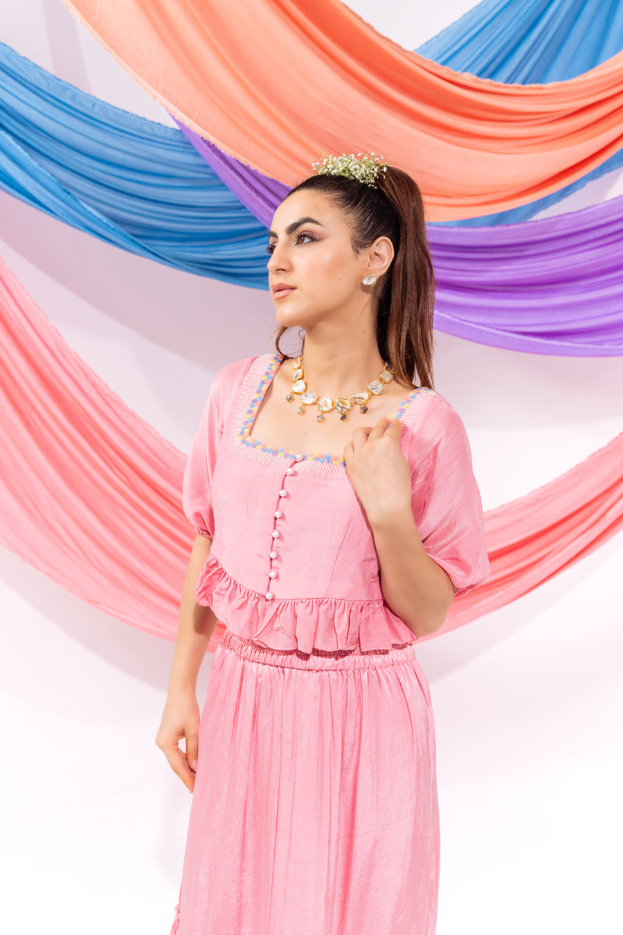 Pink Crop Top With Sleeves And Skirt