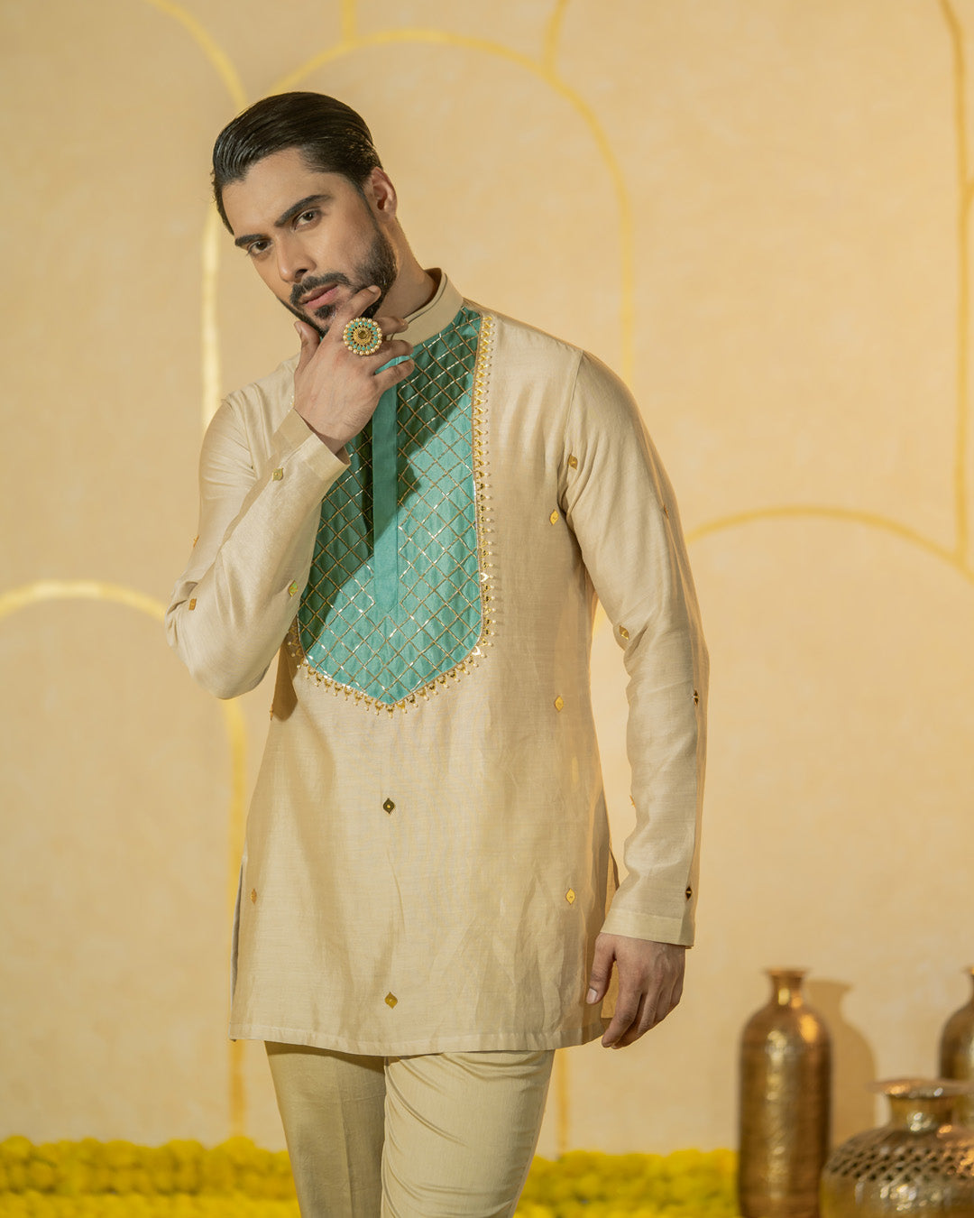 Turquoise Patch Short Kurta Set