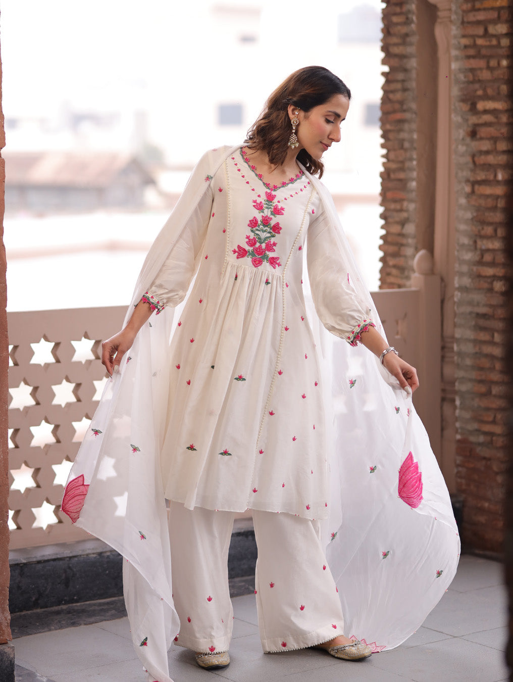 Ivory Lotus Embroidered Suit With Dupatta