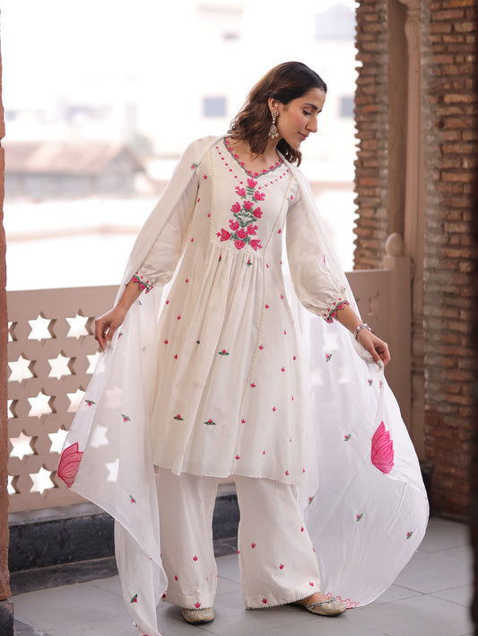 Ivory Lotus Embroidered Suit With Dupatta