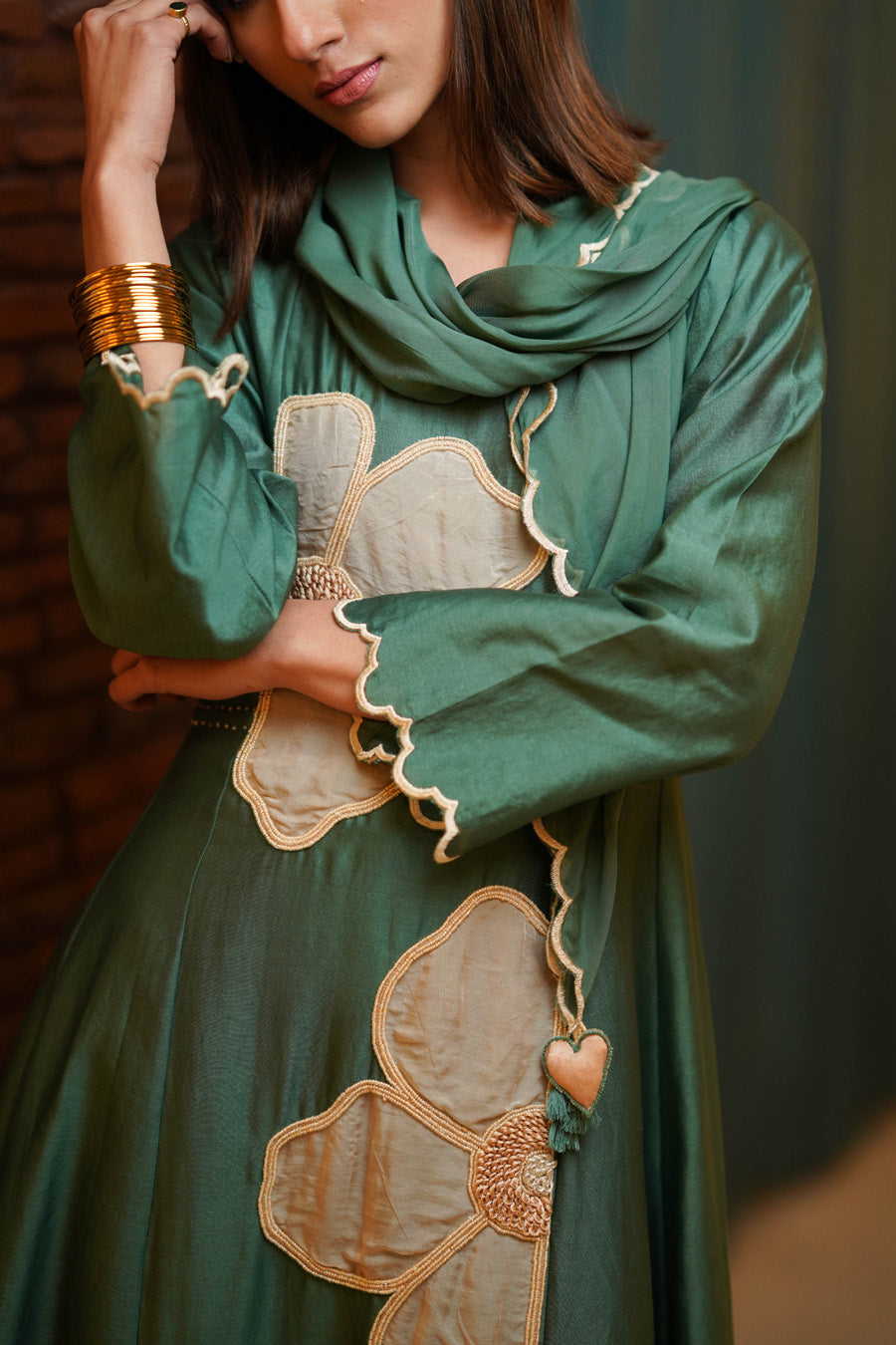 Sage Green And Beige Kurta Set With Scarf