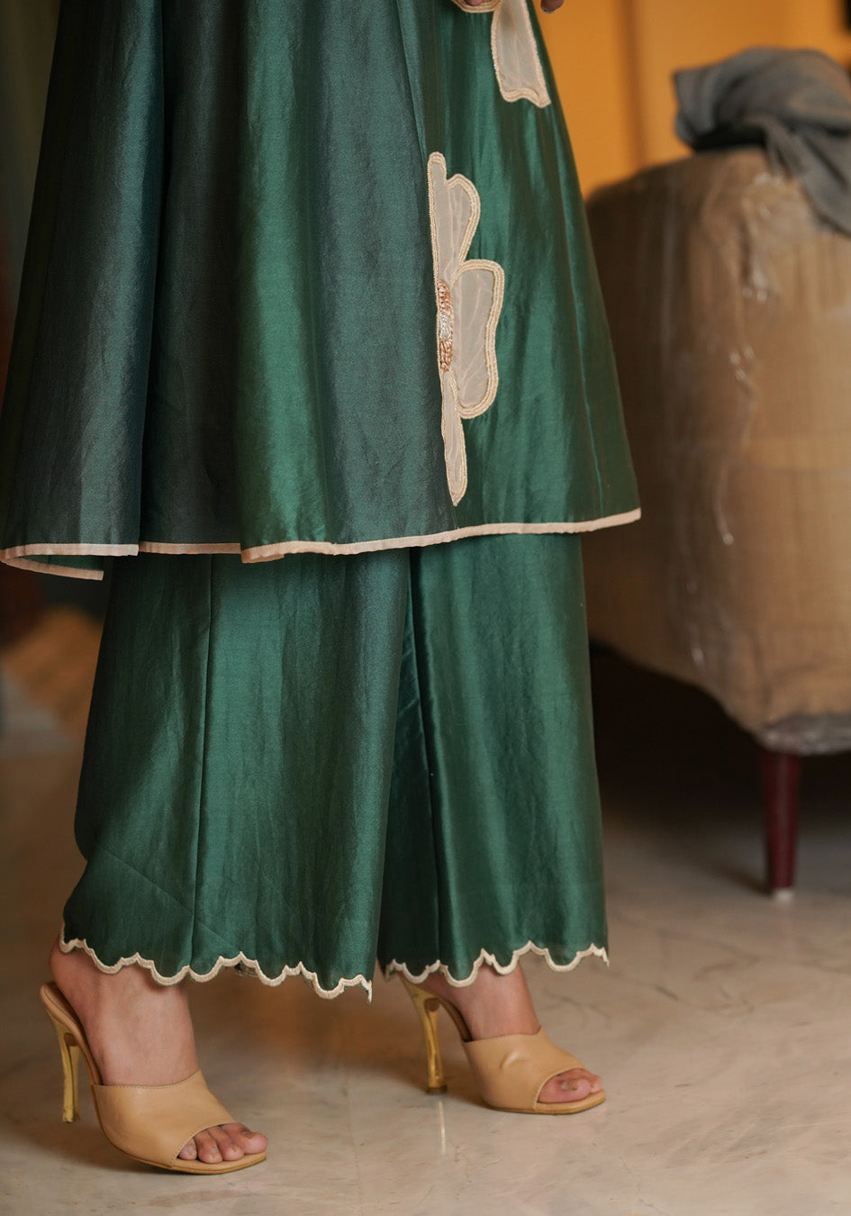 Sage Green And Beige Kurta Set With Scarf