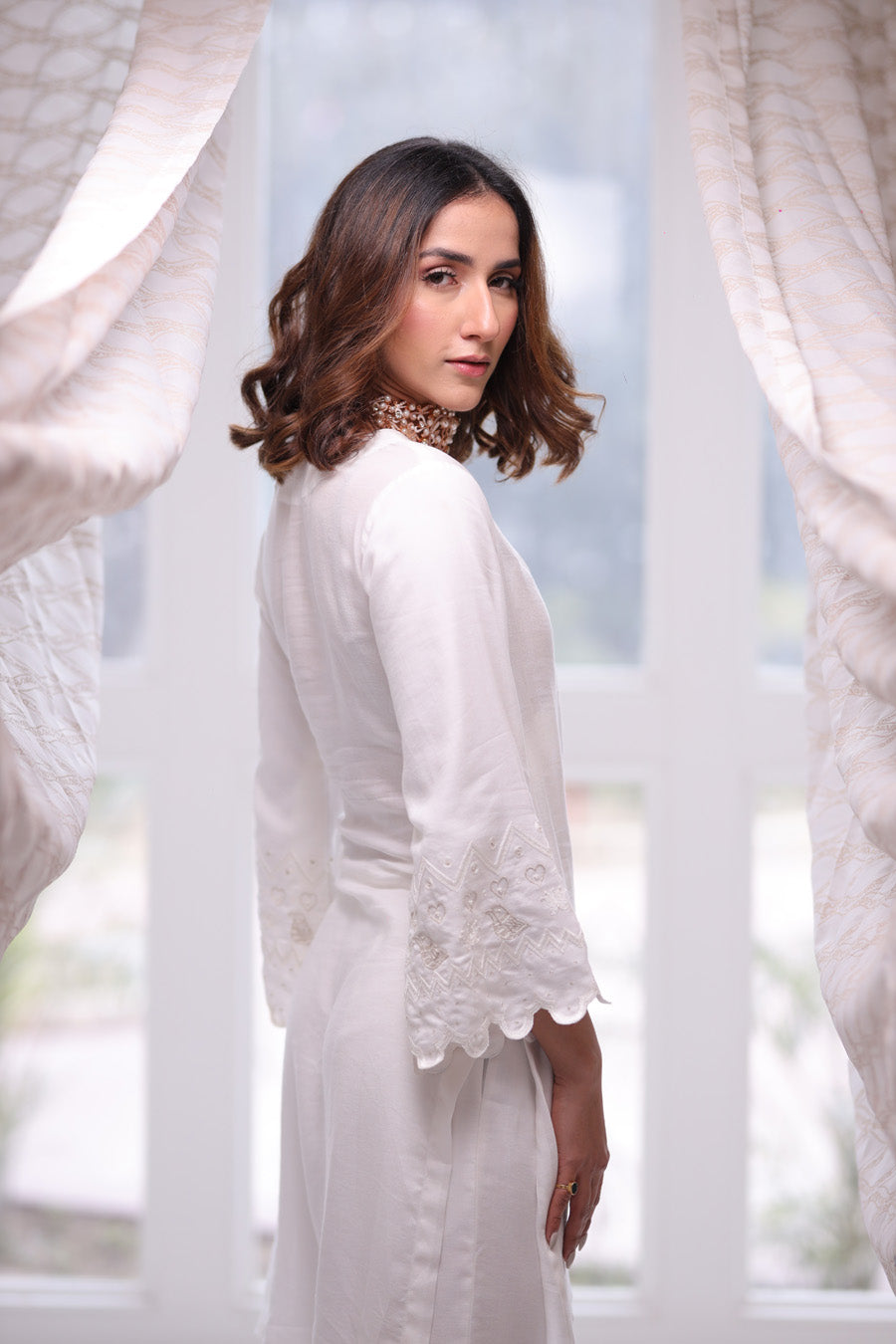 White Moss Crepe Drape Kurta Set