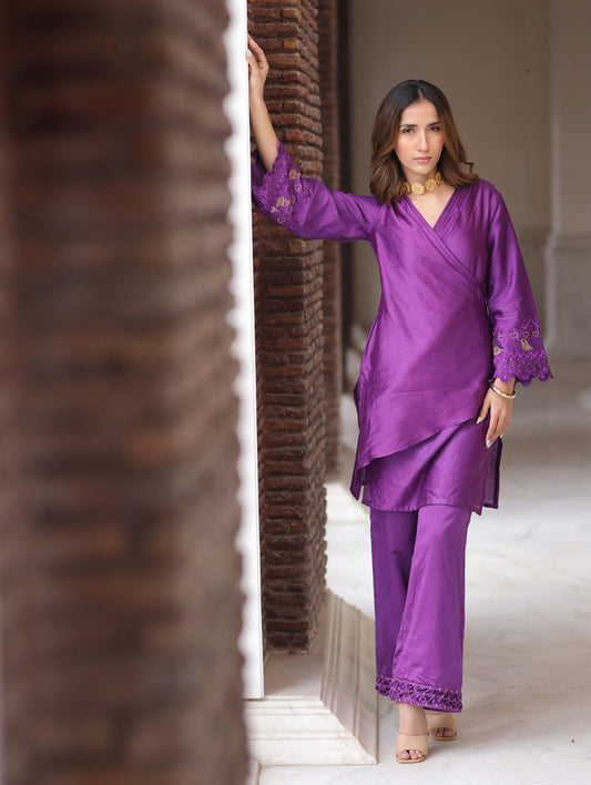 Purple Chanderi Drape Kurta Set.