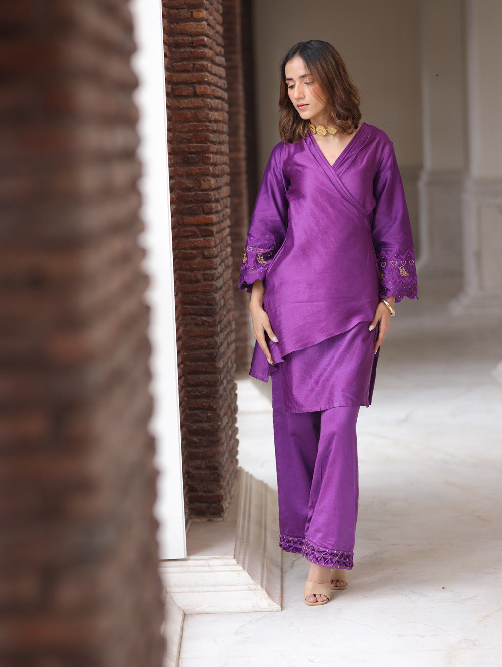 Purple Chanderi Drape Kurta Set.