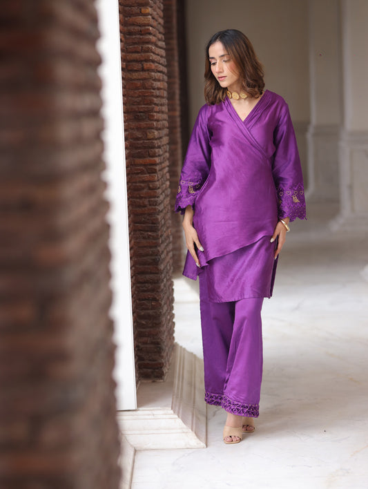 Purple Chanderi Drape Kurta Set.