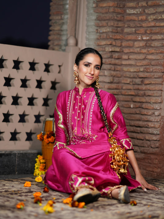 Hot Pink Chanderi Kurta Salwar Set With Potli Bag
