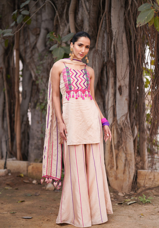 Multicoloured Embroidered Straight Kurta With Sharara And Dupatta