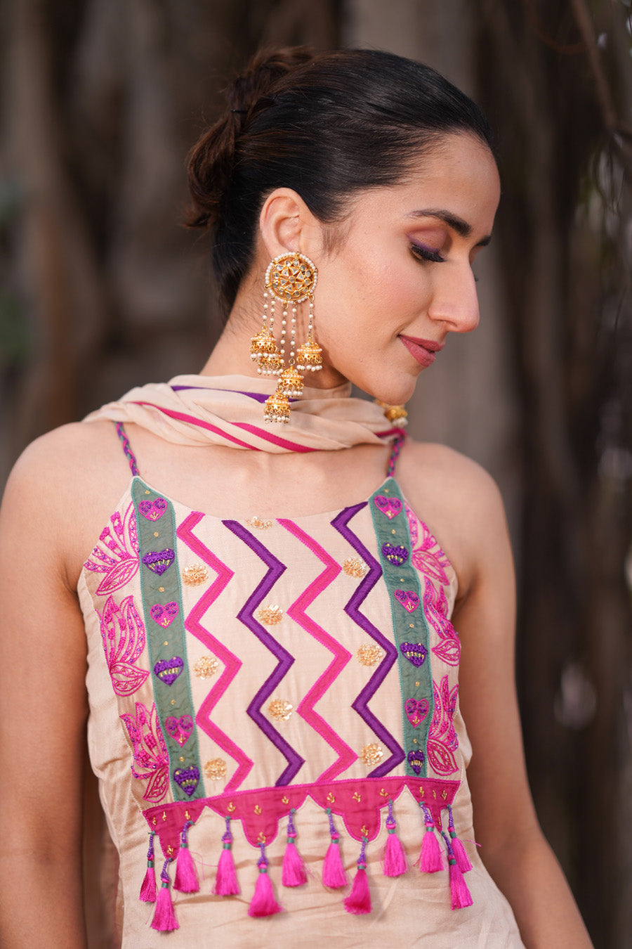 Multicoloured Embroidered Straight Kurta With Sharara And Dupatta