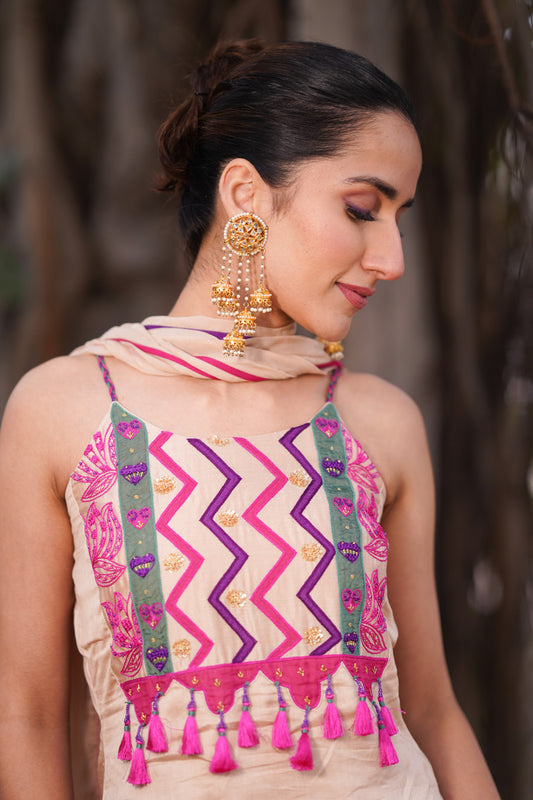 Multicoloured Embroidered Straight Kurta With Sharara And Dupatta
