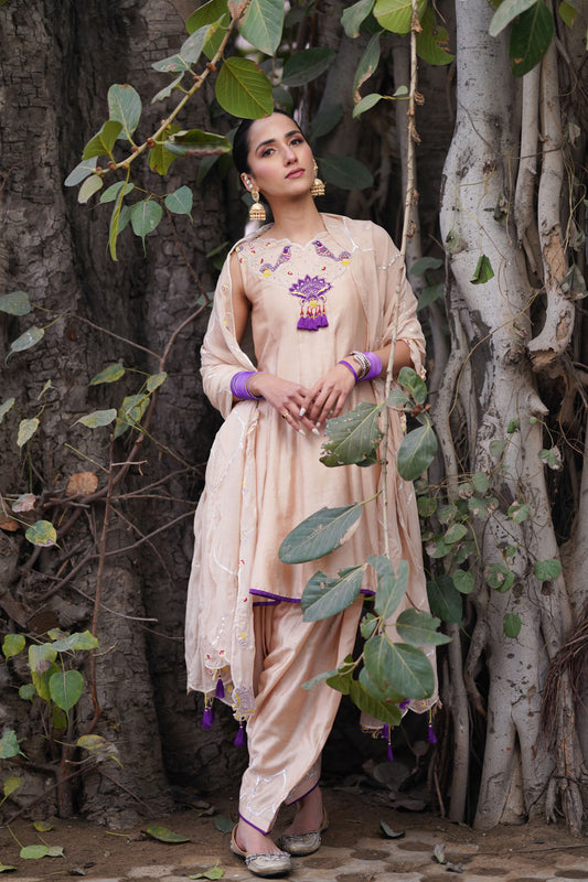 Beige Anarkali Salwar Set With Odhni