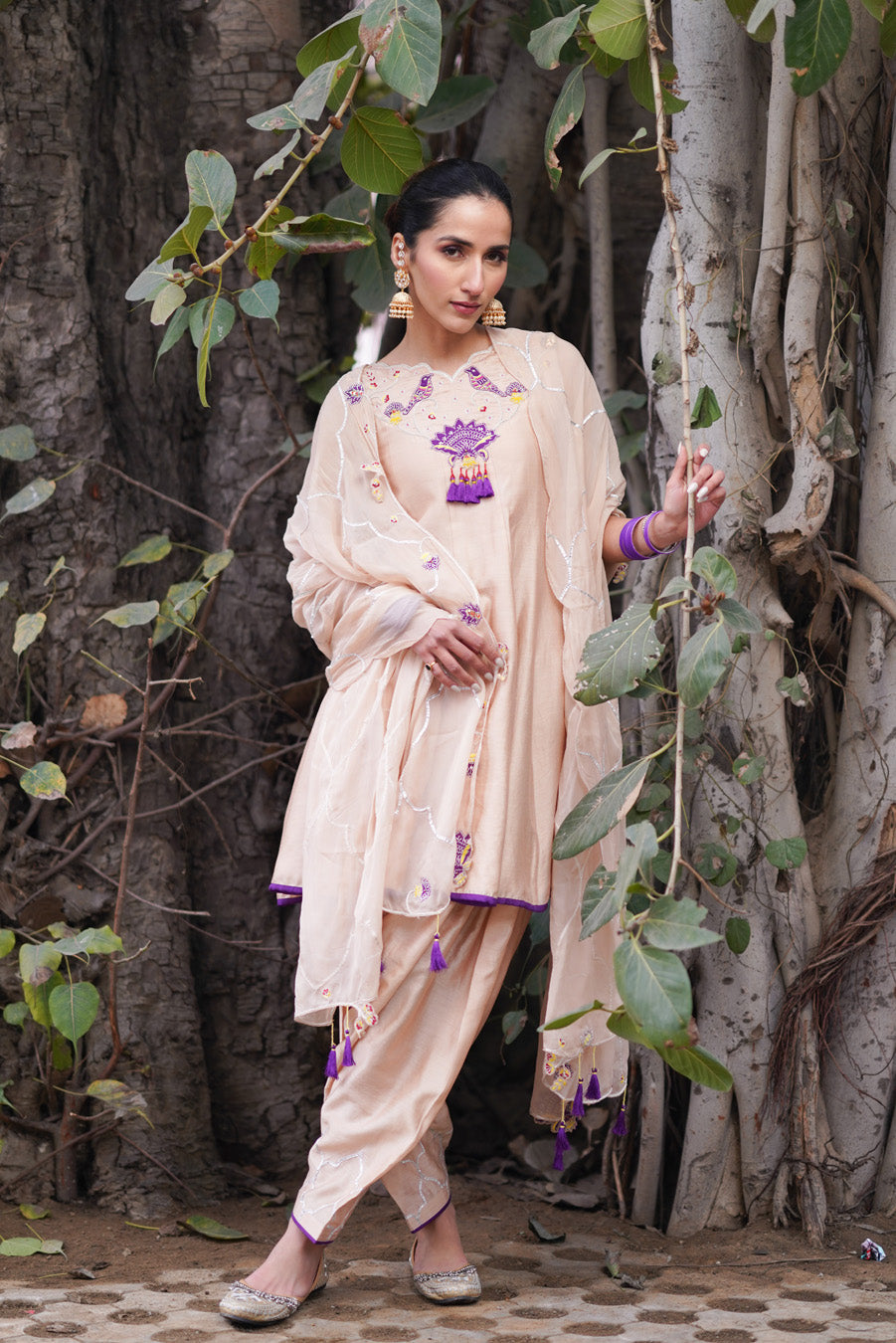 Beige Anarkali Salwar Set With Odhni