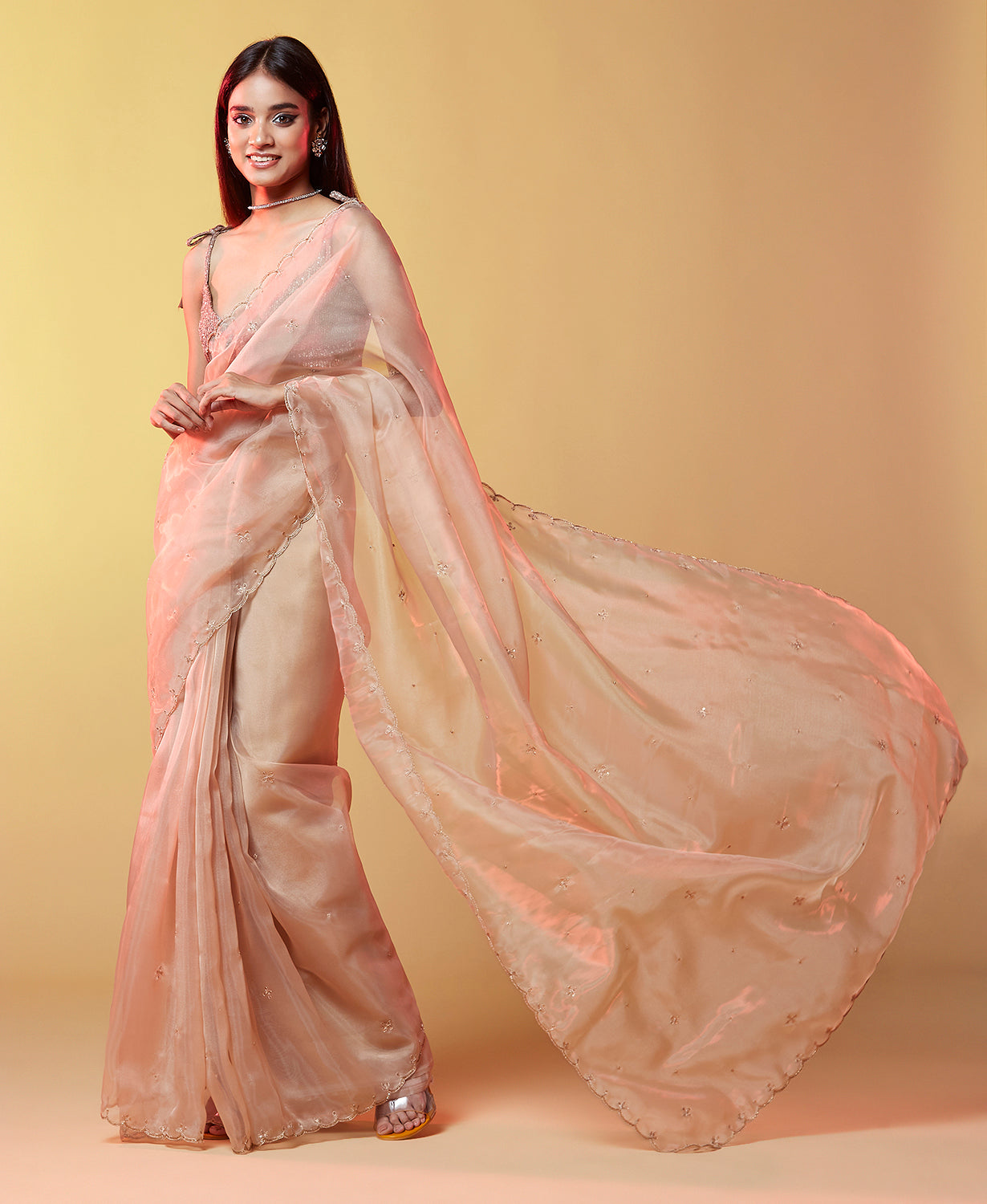 Gold Organza Embellished Cocktail Saree