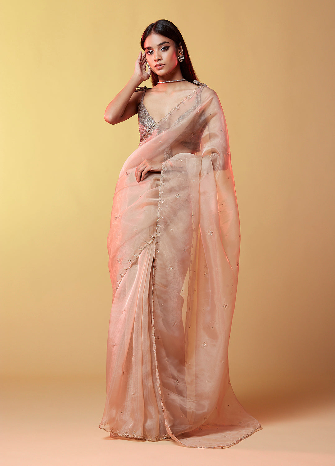 Gold Organza Embellished Cocktail Saree
