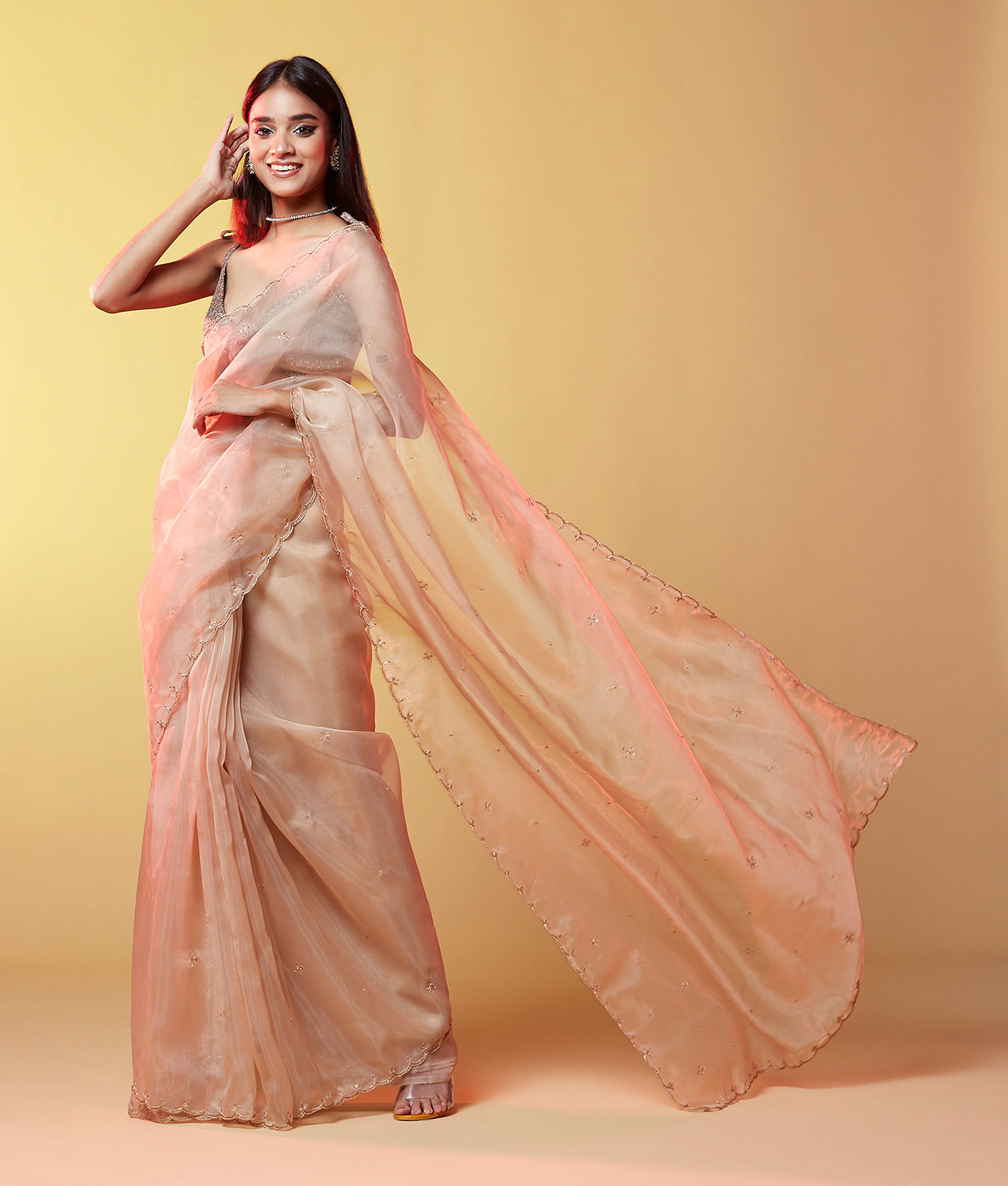 Gold Organza Embellished Cocktail Saree