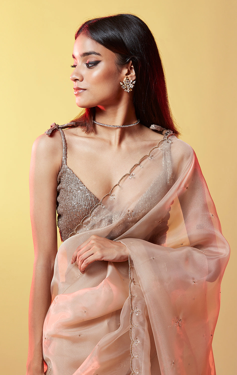 Gold Organza Embellished Cocktail Saree