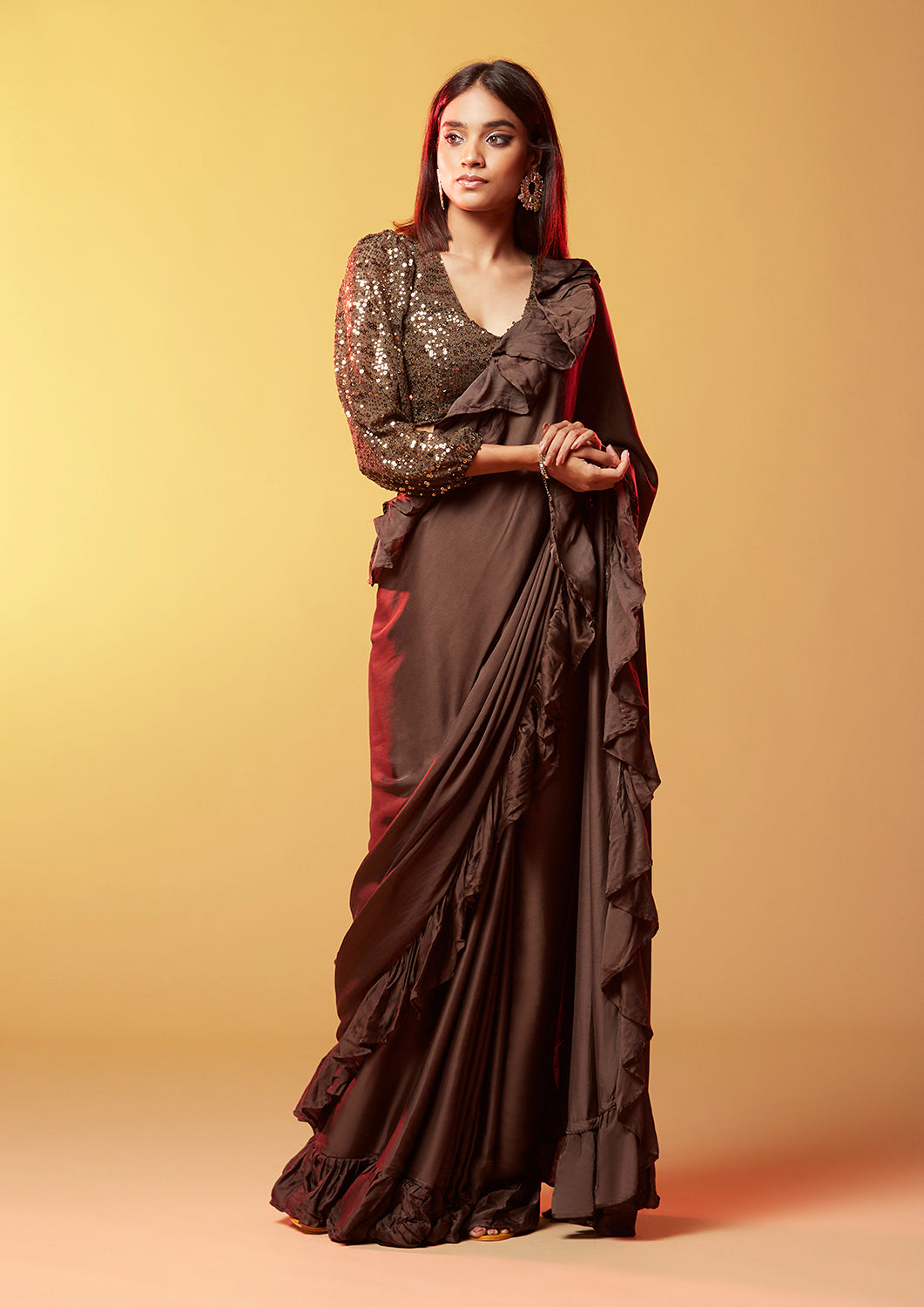 Saanvi Dark Olive Ruffled Gajji Silk saree