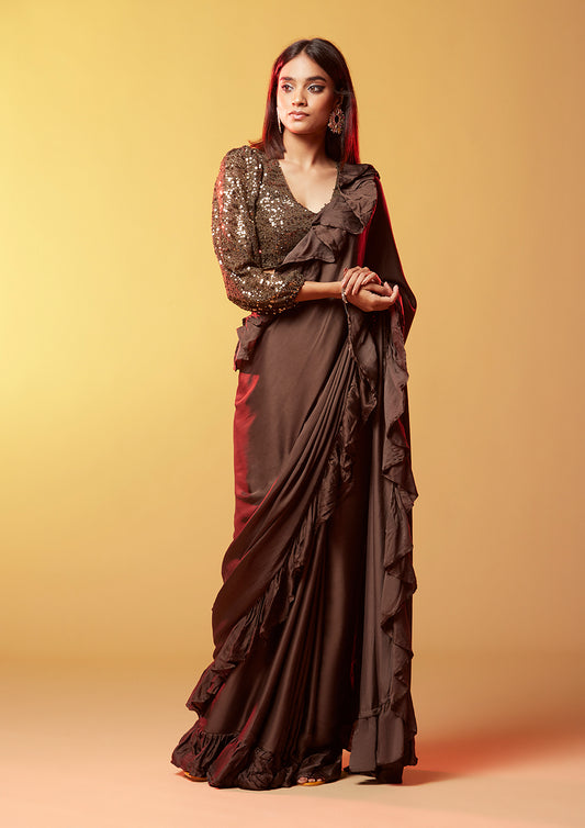 Saanvi Dark Olive Ruffled Gajji Silk saree