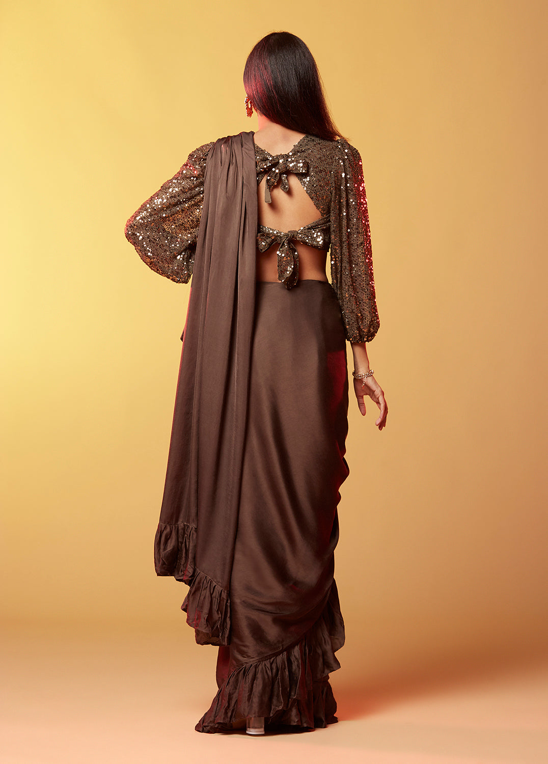 Saanvi Dark Olive Ruffled Gajji Silk saree