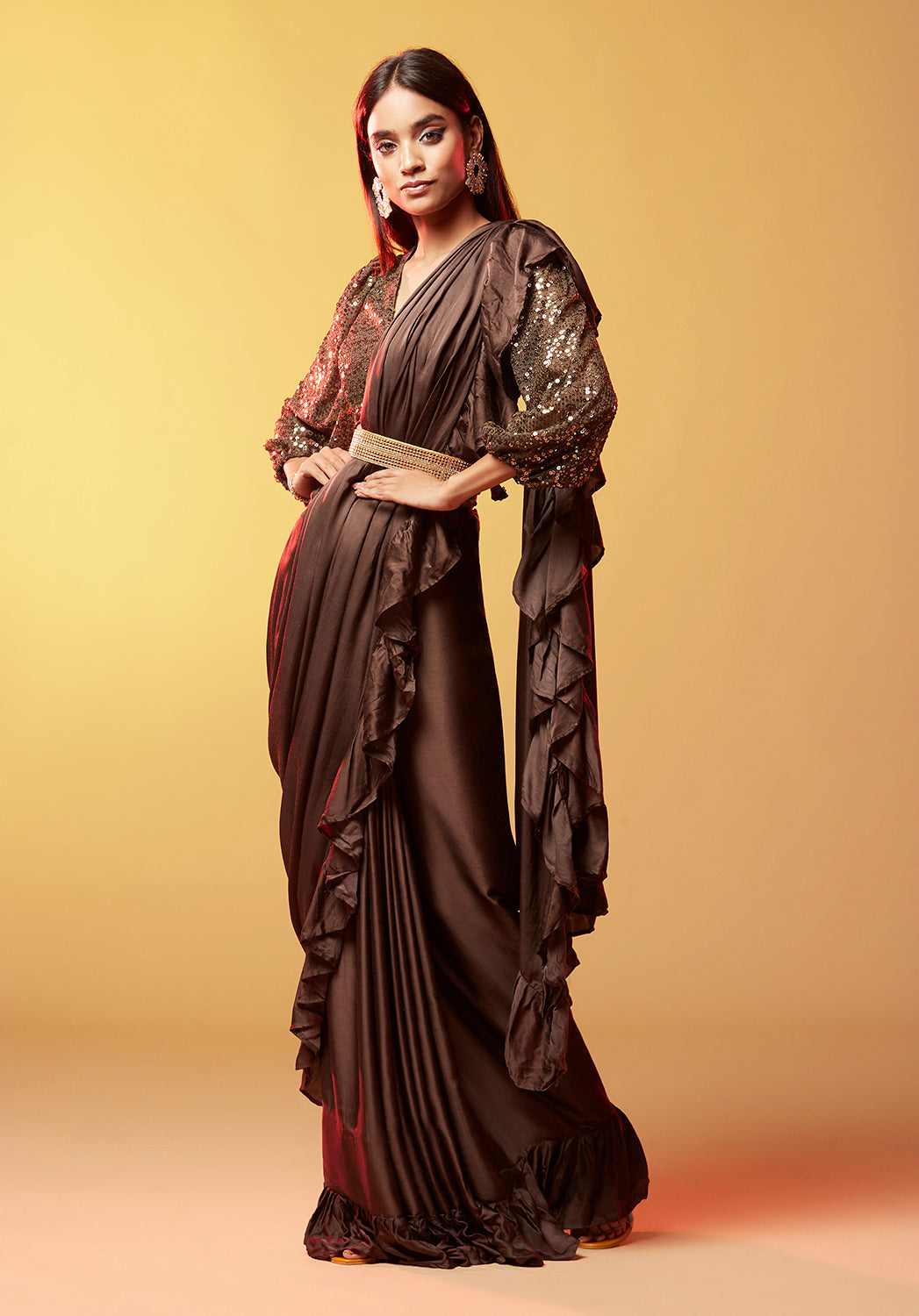 Saanvi Dark Olive Ruffled Gajji Silk saree