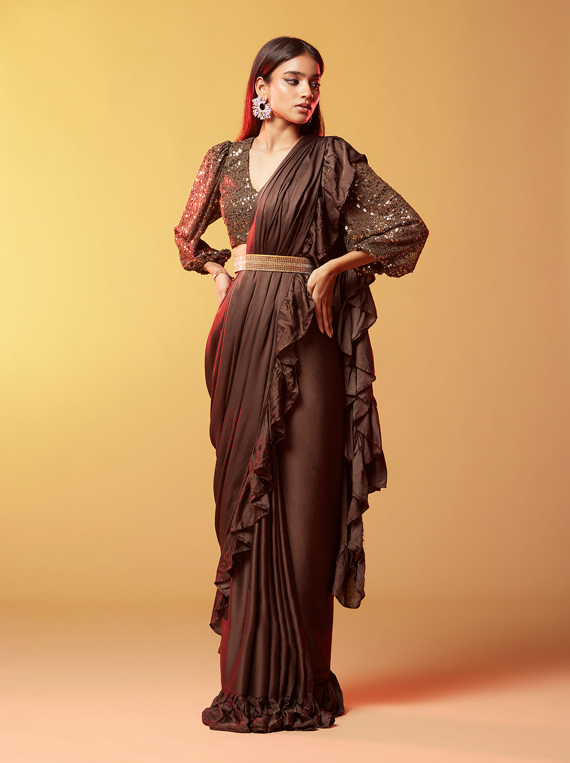 Saanvi Dark Olive Ruffled Gajji Silk saree