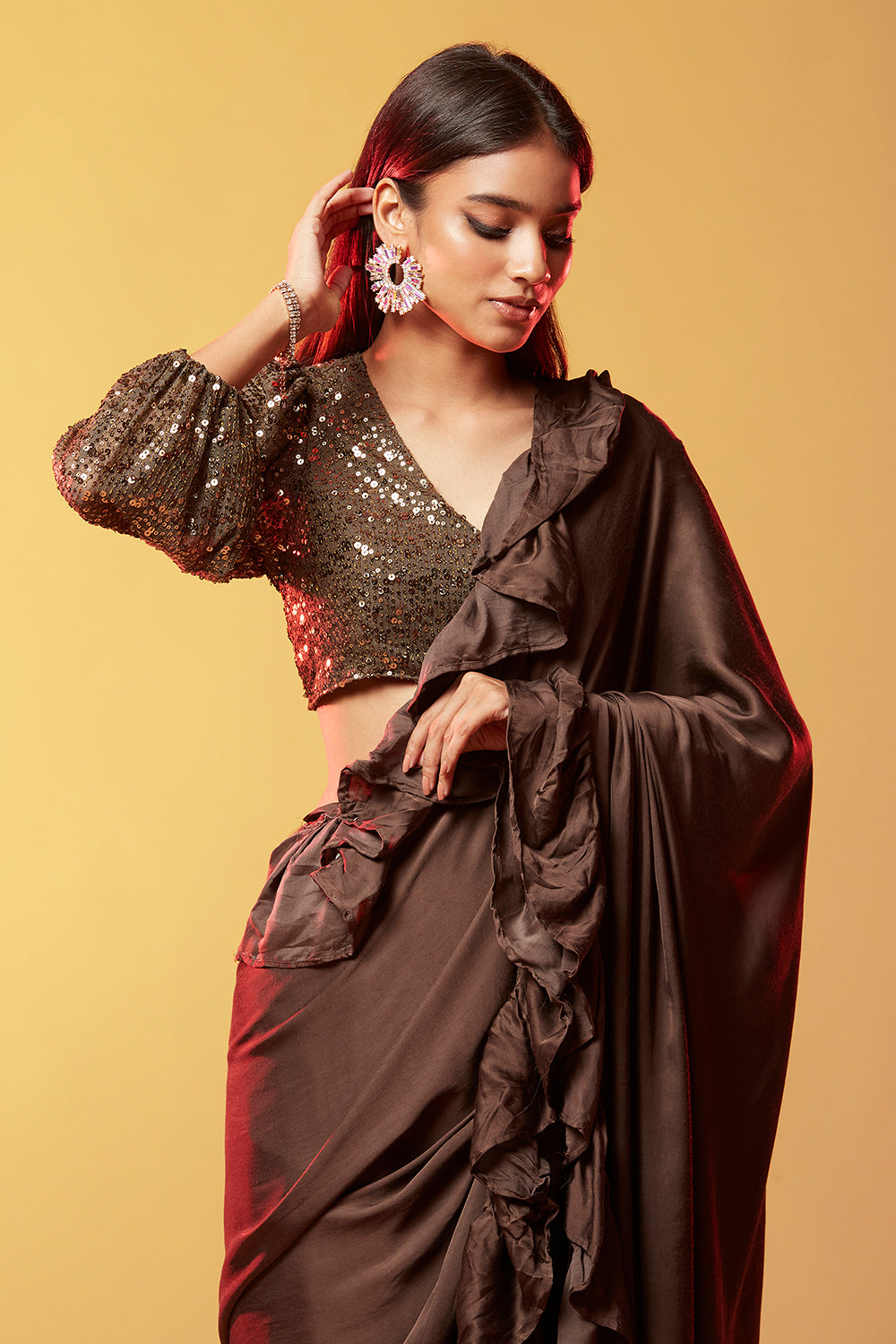 Saanvi Dark Olive Ruffled Gajji Silk saree