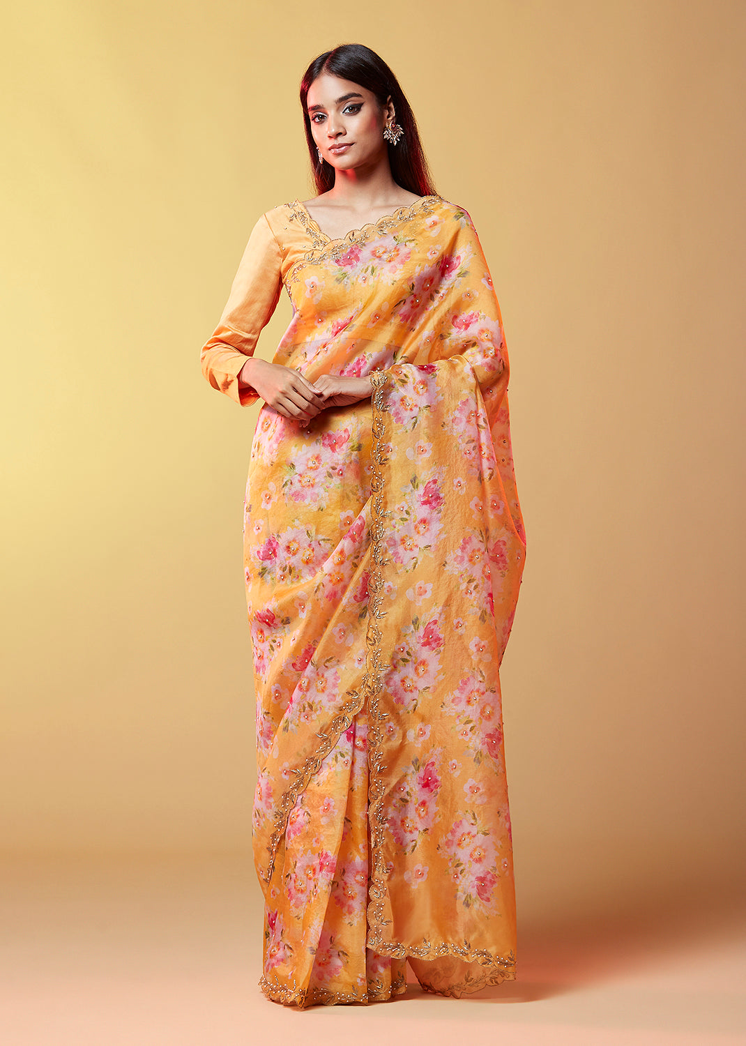 Mustard Print Organza Saree