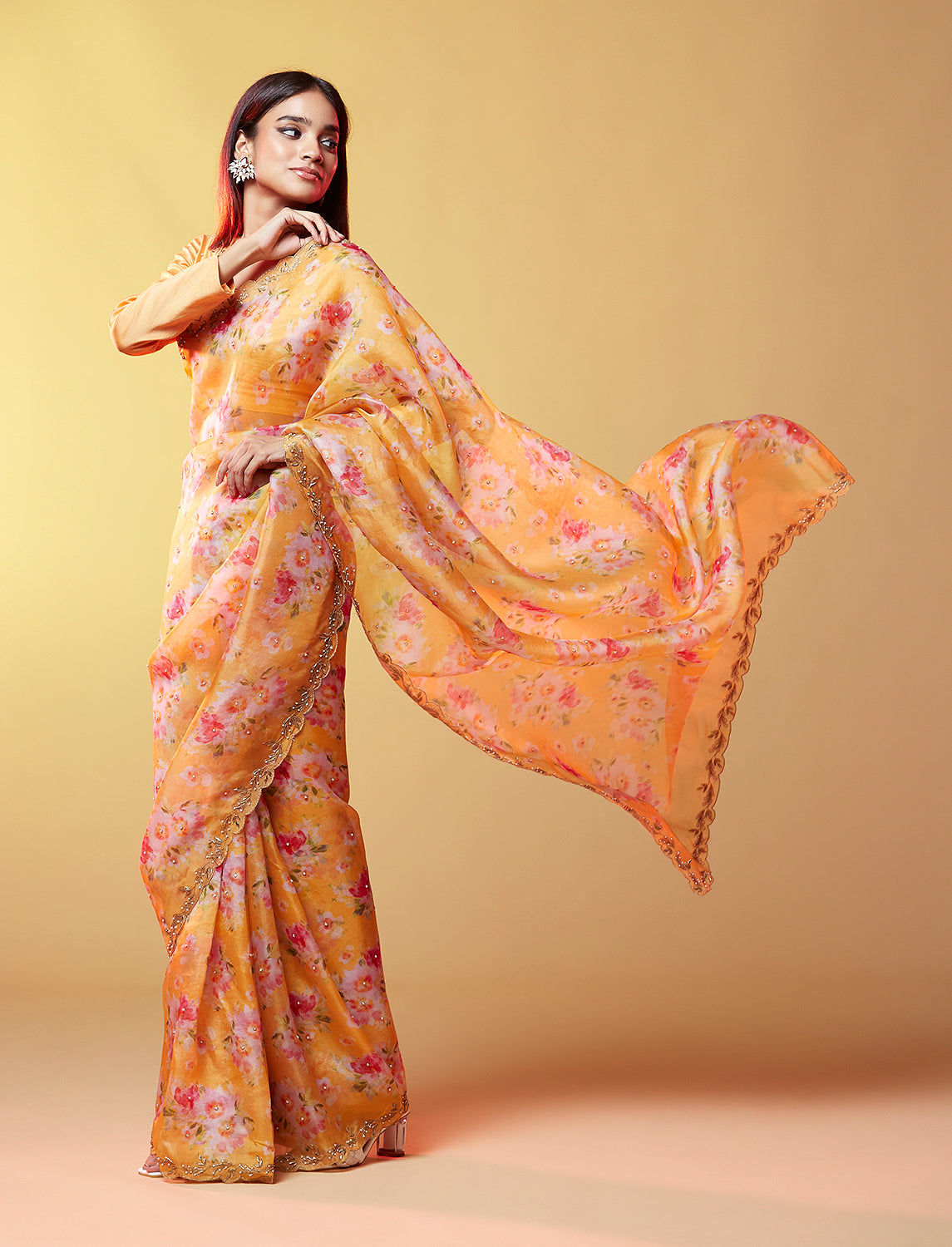 Mustard Print Organza Saree