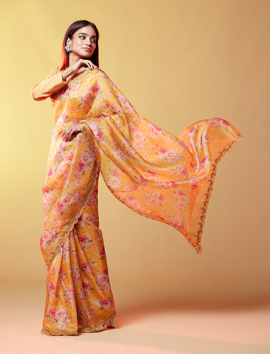 Mustard Print Organza Saree