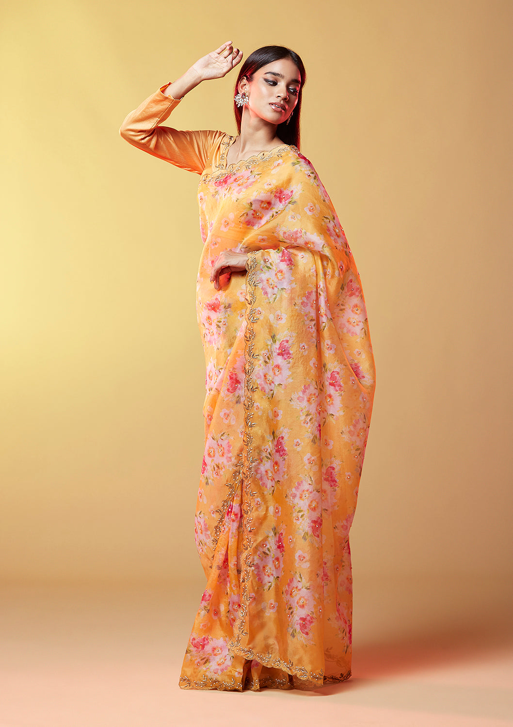Mustard Print Organza Saree