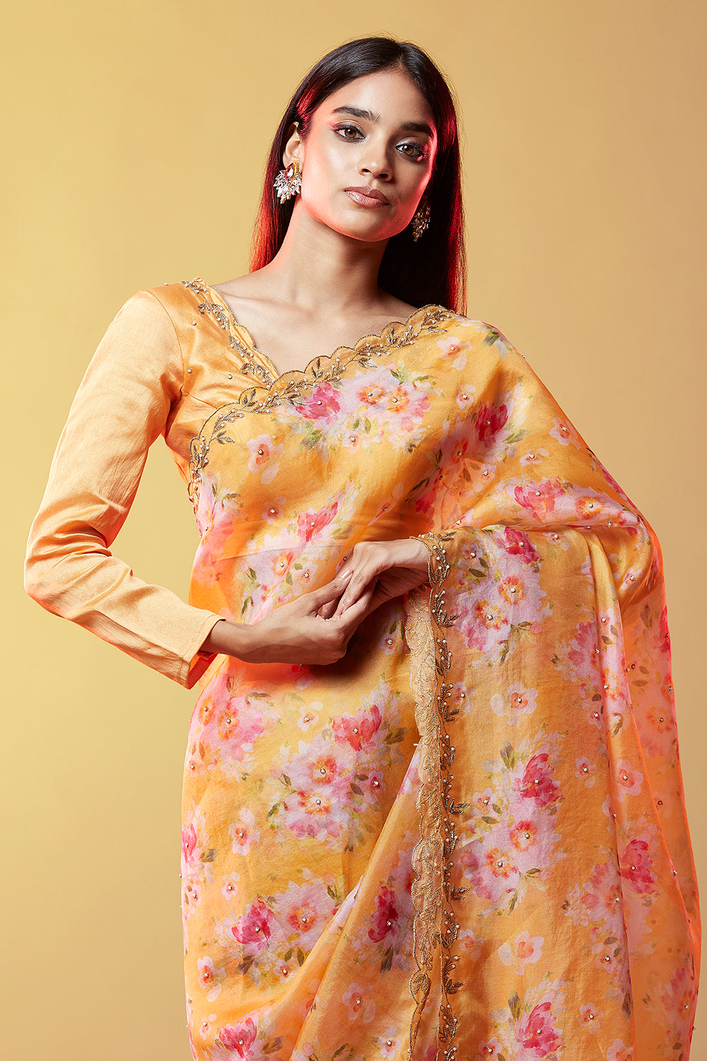 Mustard Print Organza Saree