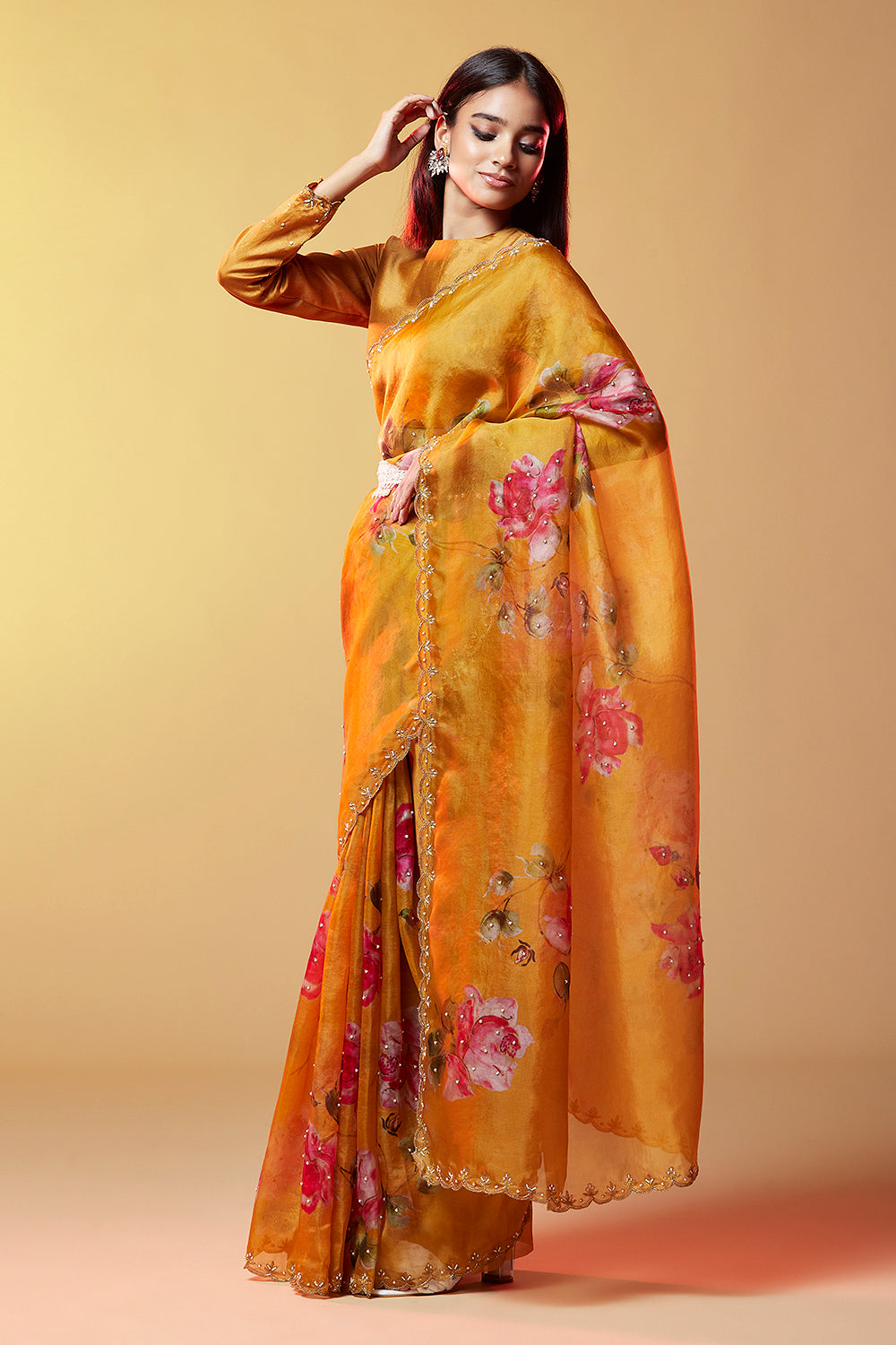Mustard Print Gold Zari Saree