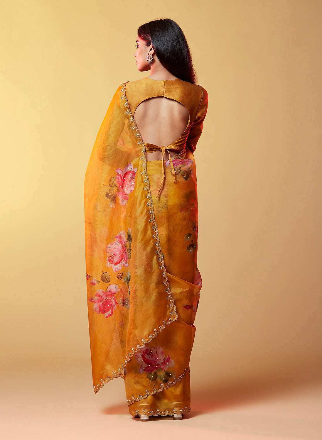 Mustard Print Gold Zari Saree