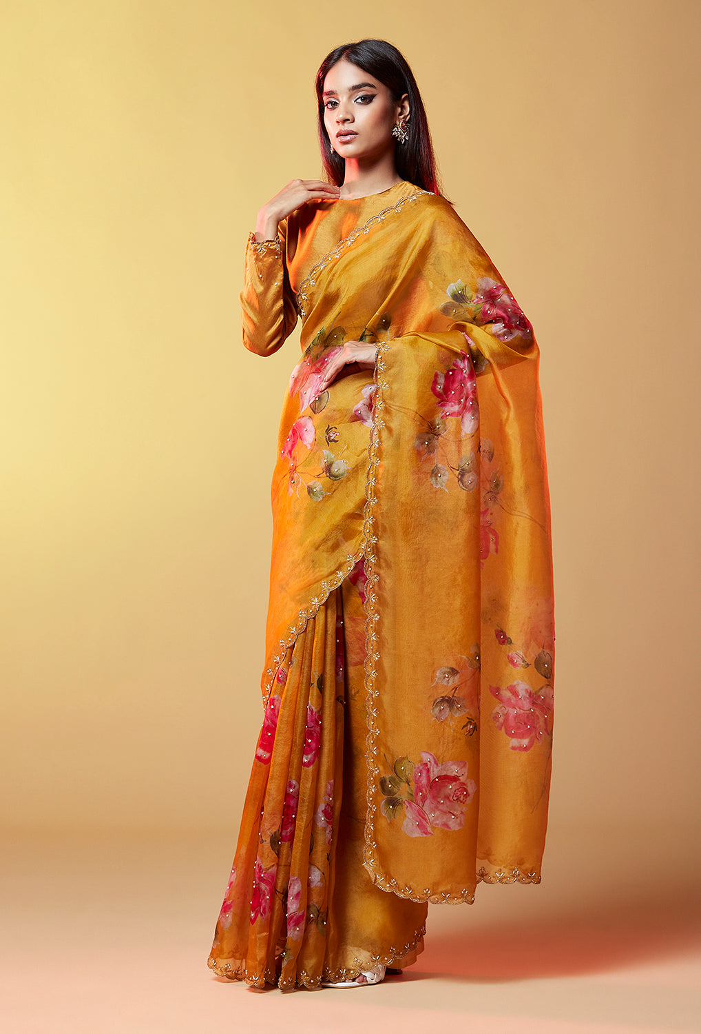 Mustard Print Gold Zari Saree