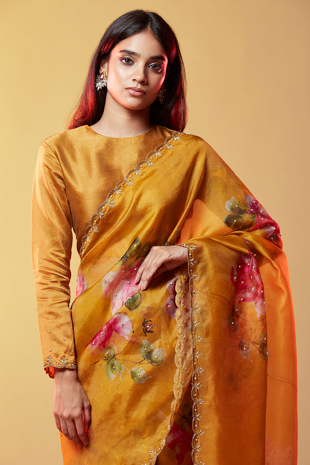 Mustard Print Gold Zari Saree