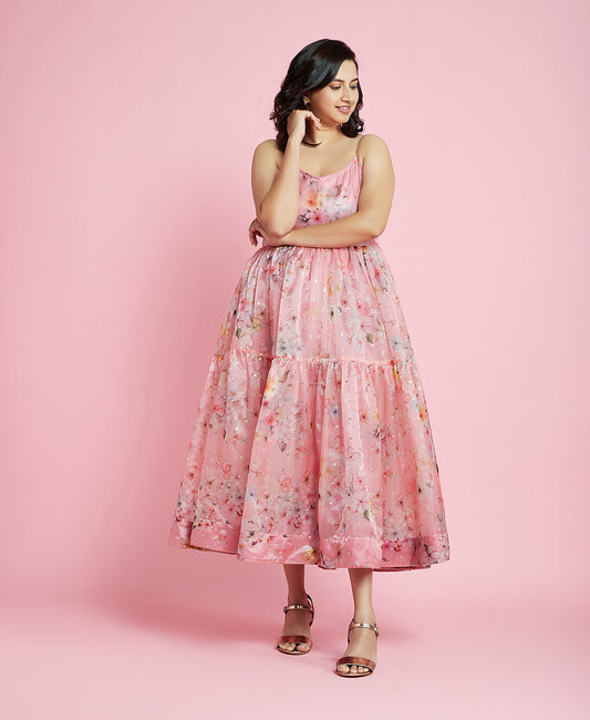 Mom Pink Printed Tierred Dress Kurta